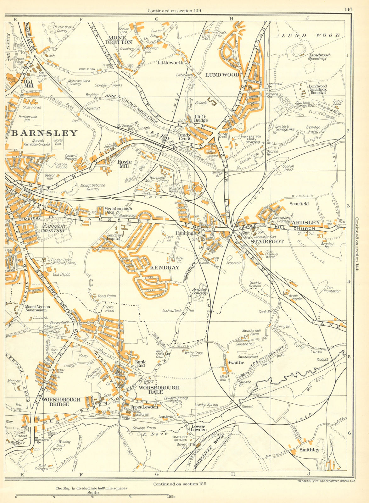 BARNSLEY Worsbrough Bridge Stairfoot Lundwood Kendray Monk Bretton 1935 map